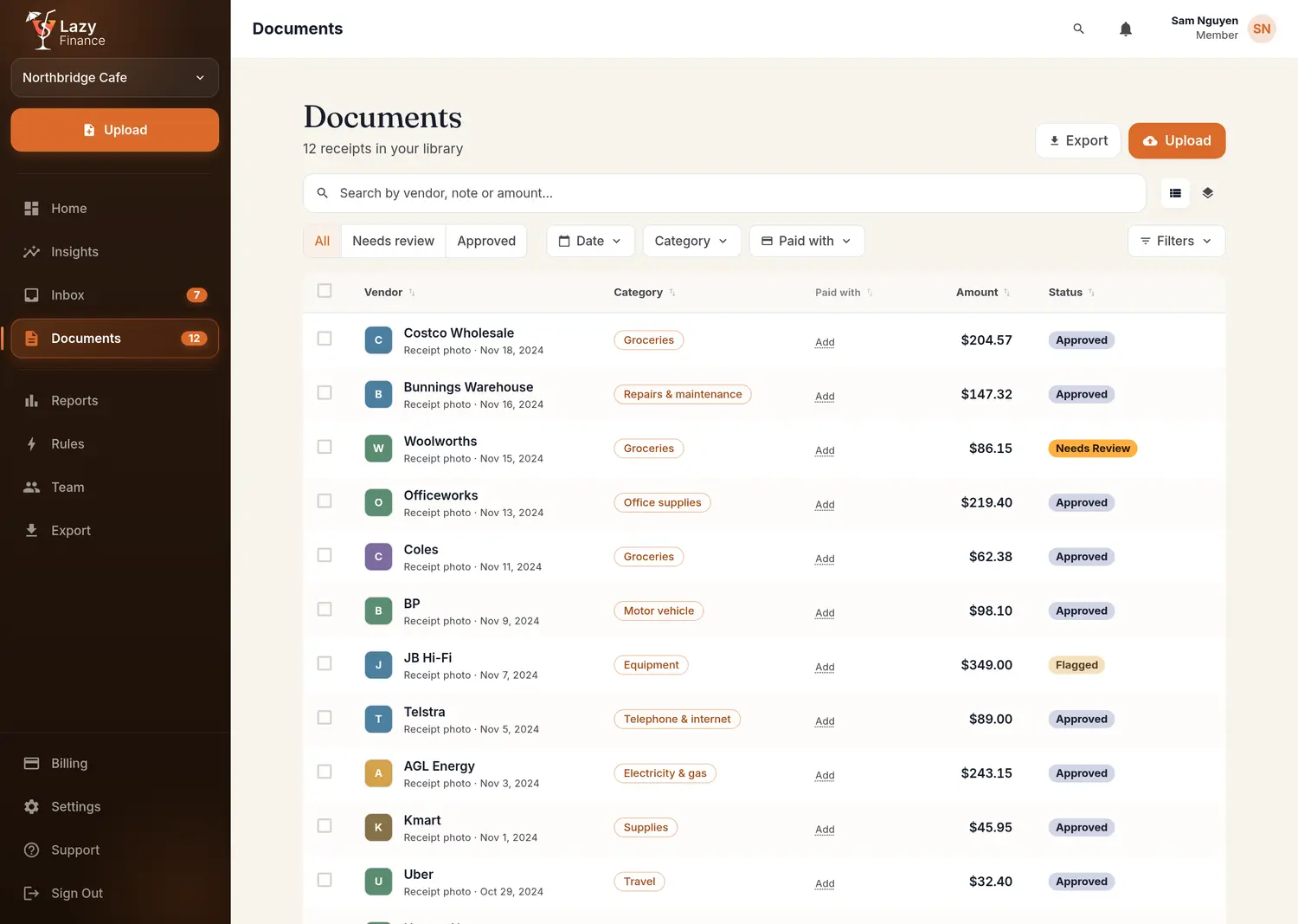Receipt library in Lazy Finance